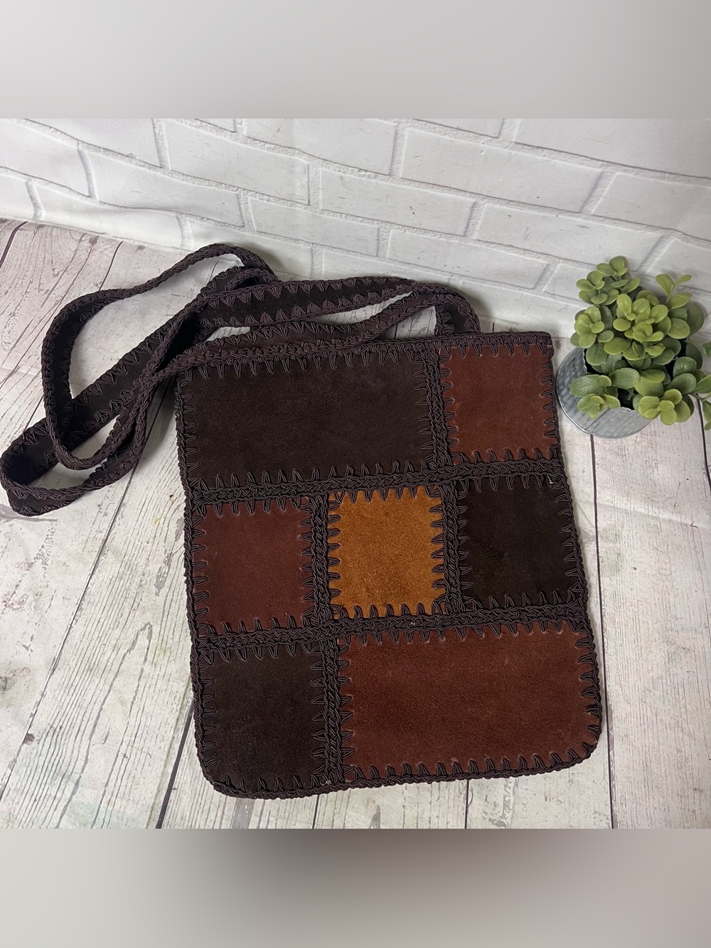 Nine West Brown Suede Leather Patchwork Bag Vintage Boho Hippie Shoulder Tote